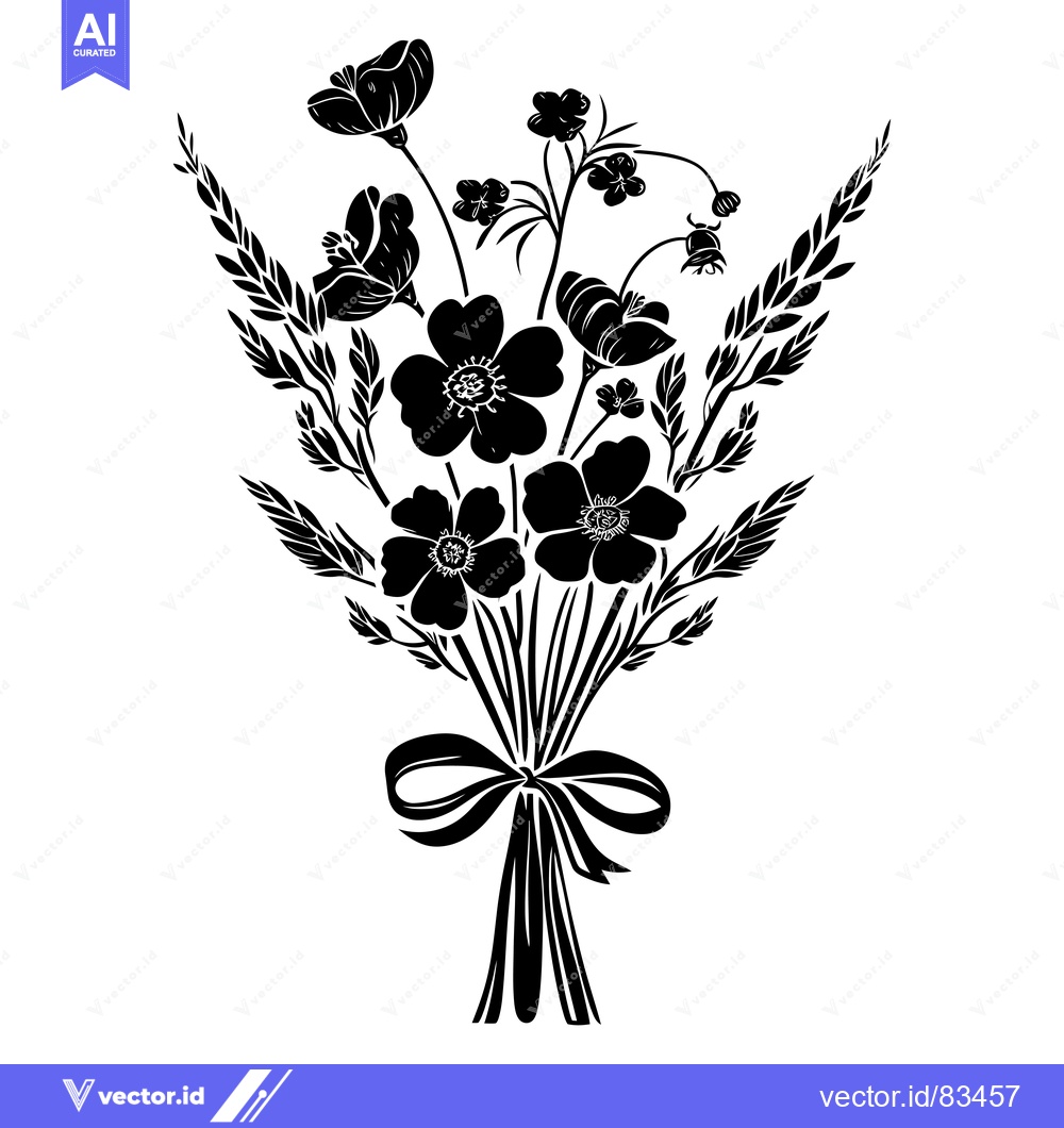 Premium Vector of A Black and White Silhouette of a Bouquet of Flowers Tied with a Bow
