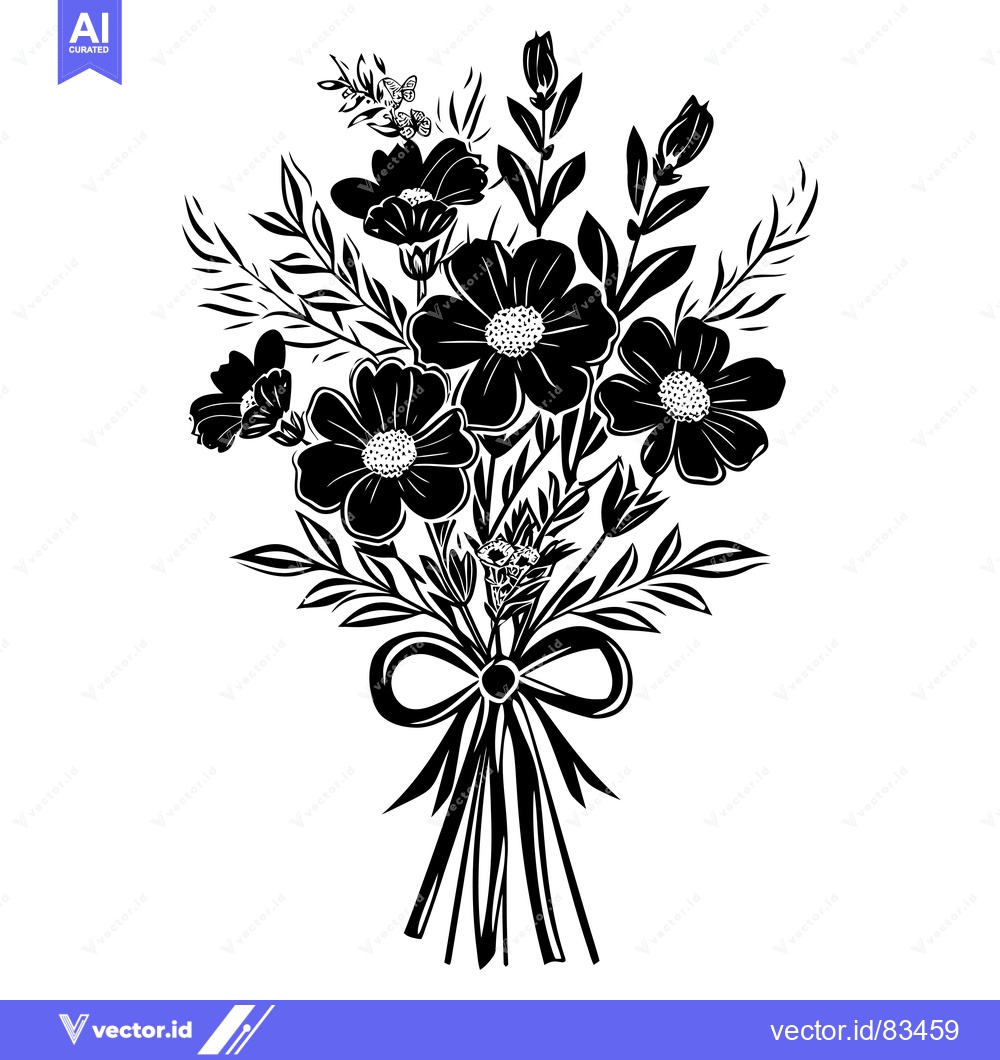 Premium Vector of Black and White Silhouette of a Bouquet of Flowers with a Bow