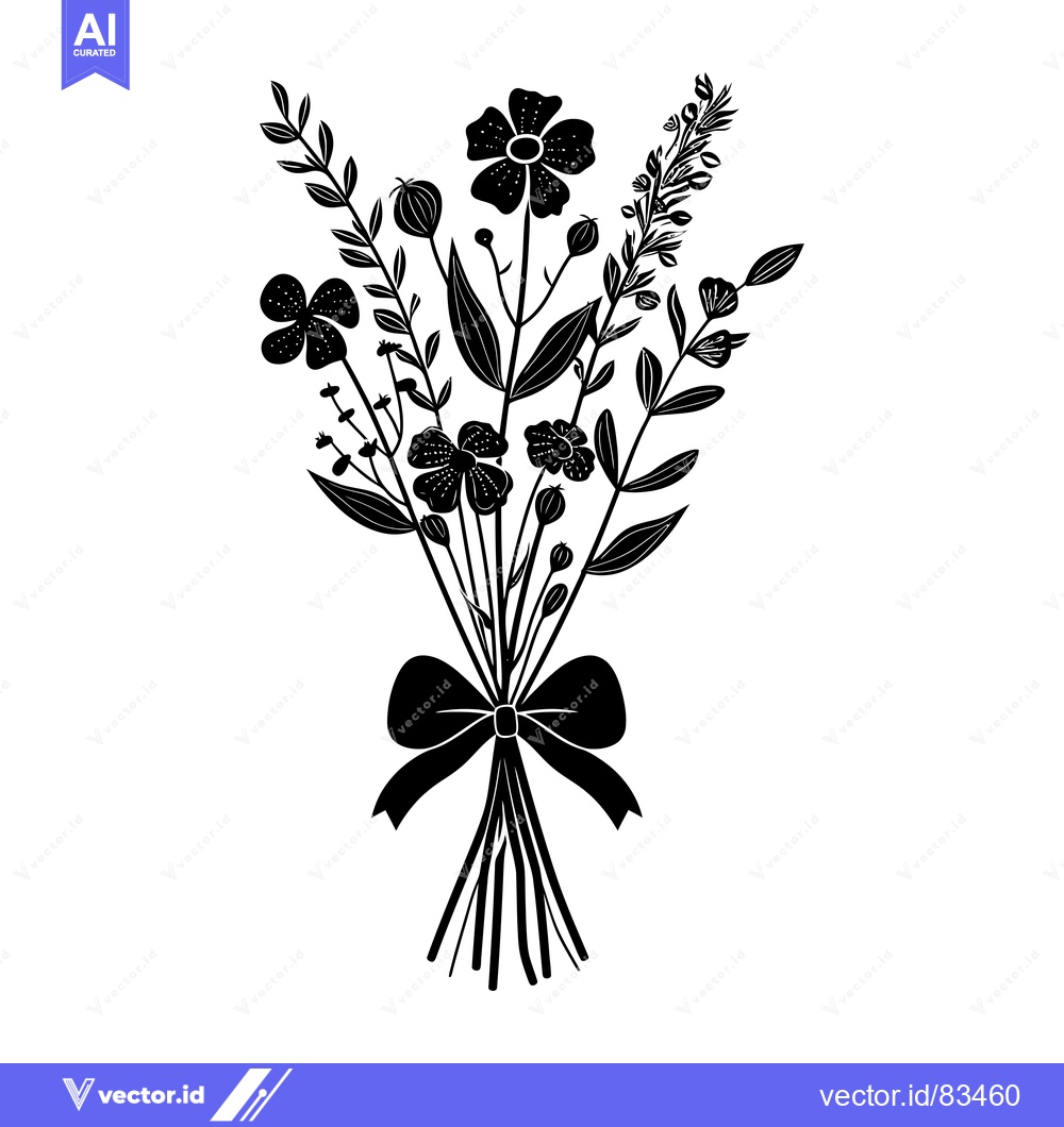 Premium Vector of Black and White Silhouette of a Bouquet of Flowers with a Bow