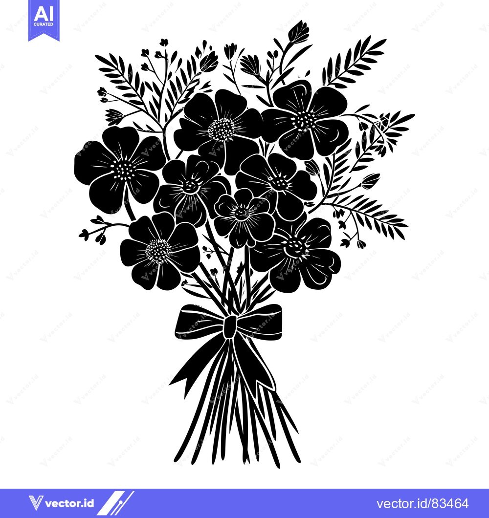 Premium Vector of Black and White Silhouette of a Flower Bouquet with a Bow