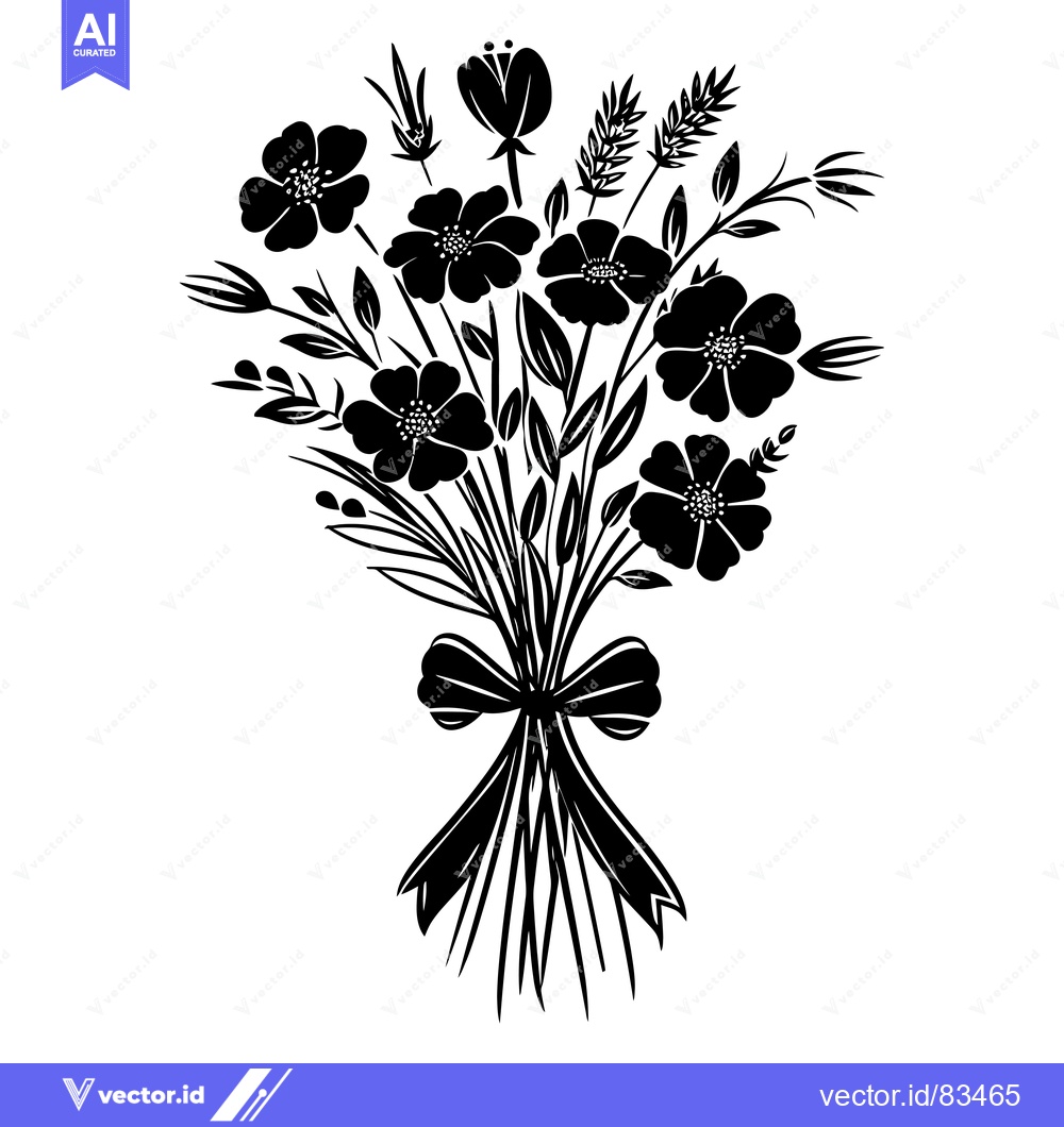 Premium Vector of Black and White Silhouette of a Tied Bouquet of Flowers and Wheat