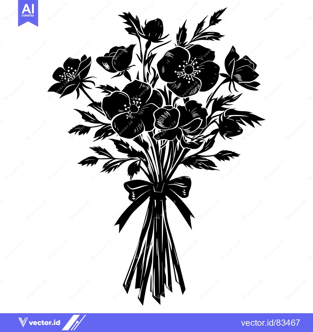 Premium Vector dari Black and White Silhouette of a Bouquet of Flowers with a Bow