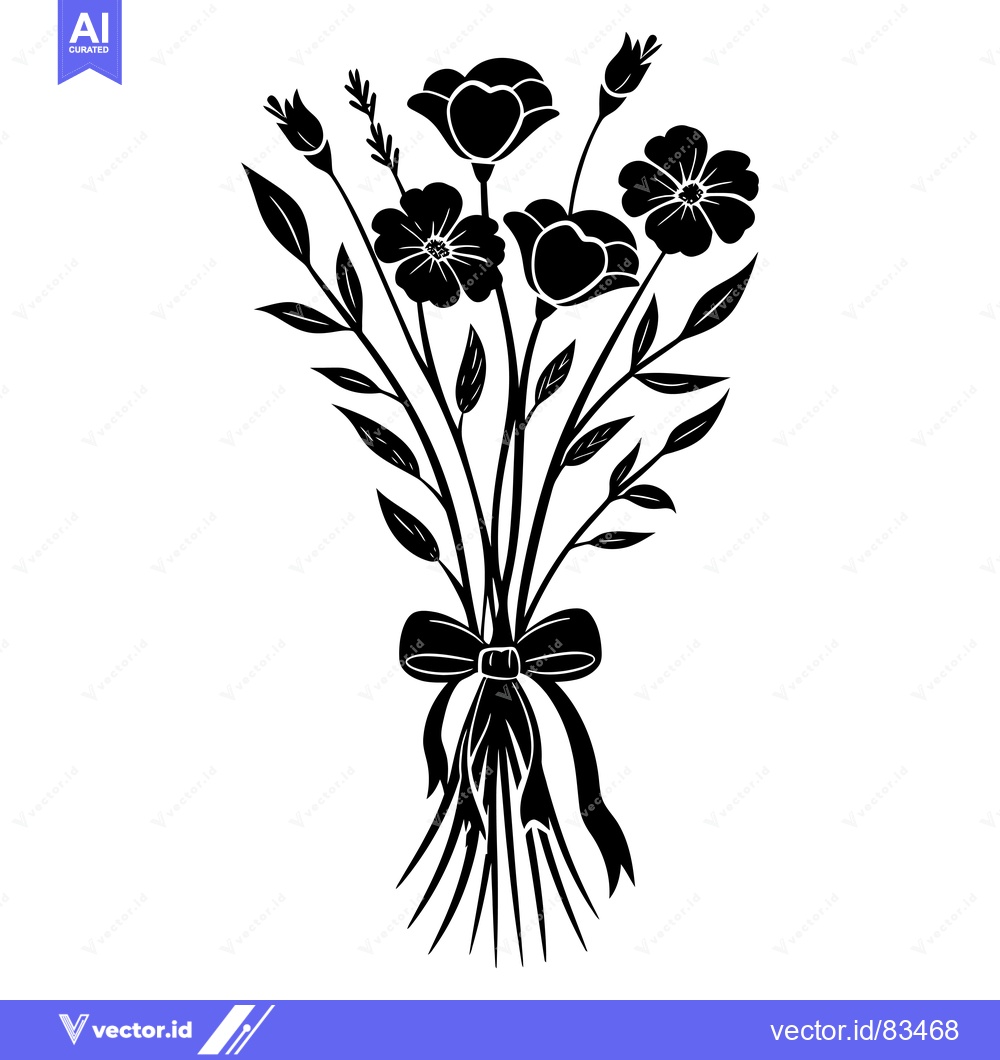 Premium Vector of Black and White Silhouette of a Flower Bouquet with a Bow