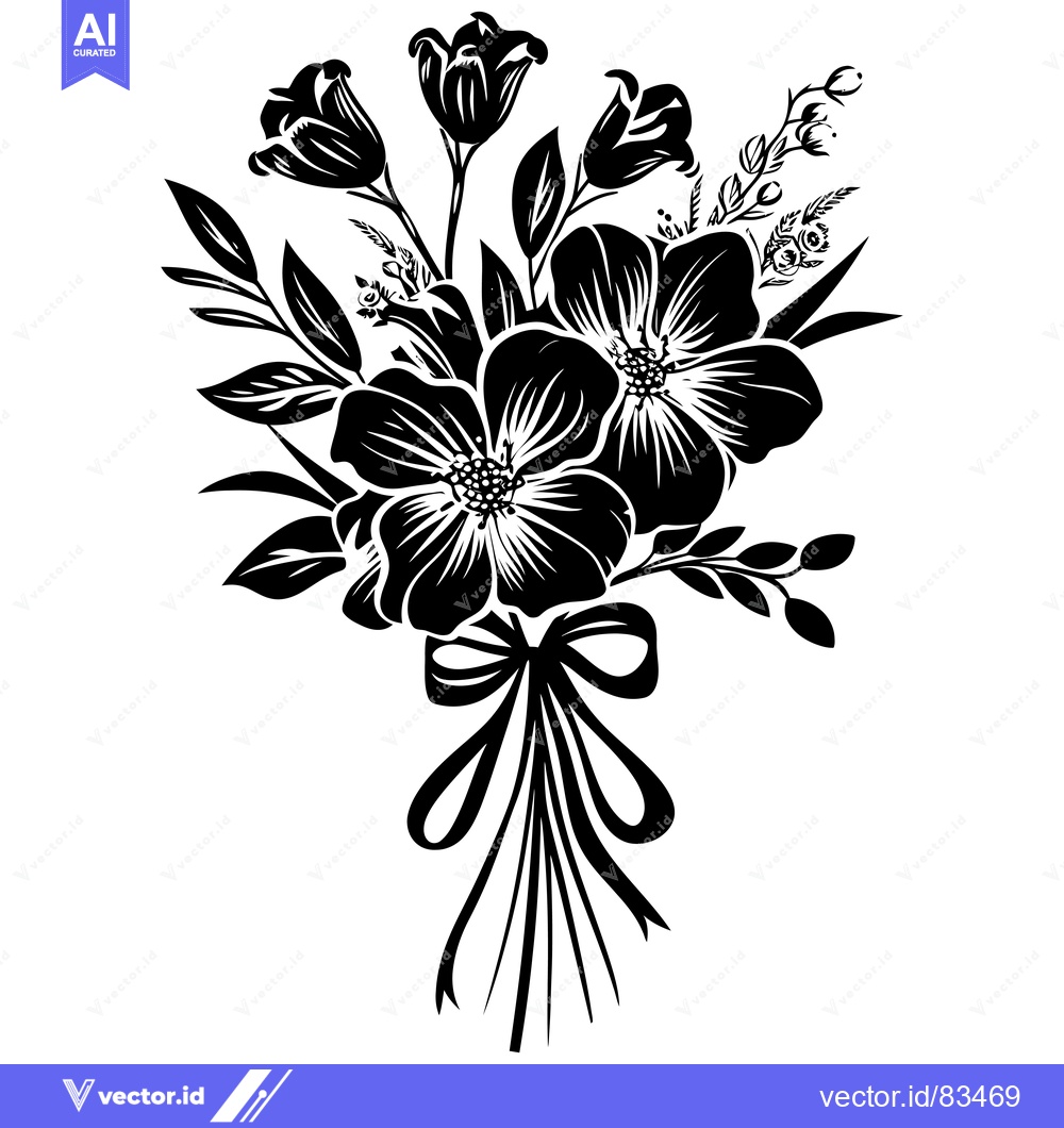 Premium Vector of Black and White Silhouette of a Flower Bouquet with a Bow