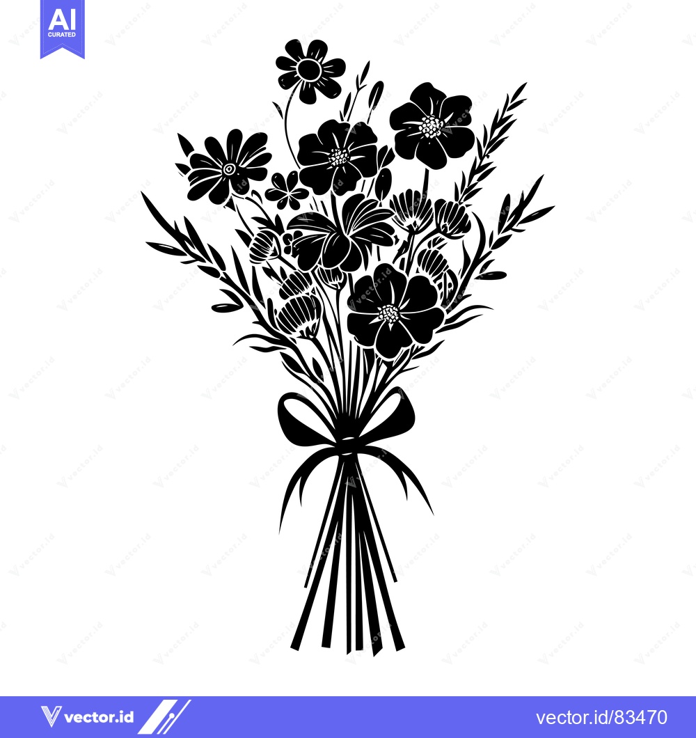 Premium Vector dari Black and White Silhouette of a Bouquet of Flowers with a Ribbon