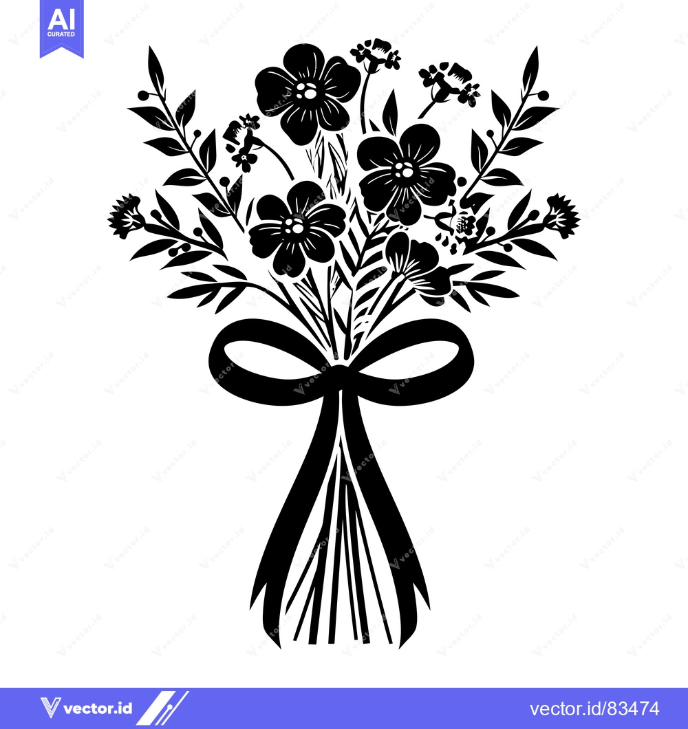 Premium Vector dari Black and White Silhouette of a Flower Bouquet with a Bow