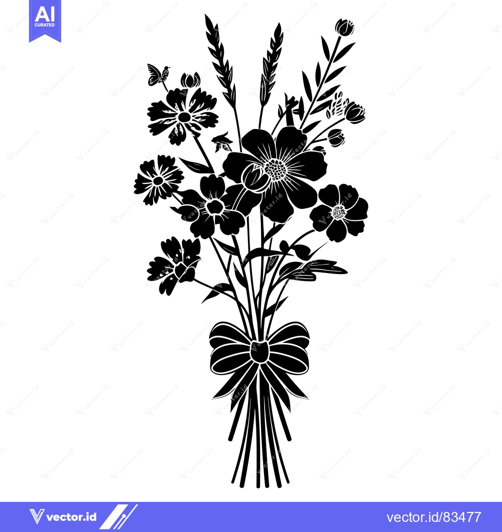 Premium Vector dari Black and White Silhouette of a Bouquet of Flowers with a Bow