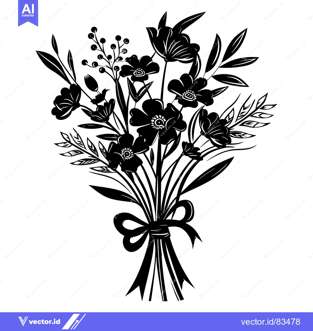 Premium Vector of Black and White Silhouette of a Bouquet of Flowers with a Bow
