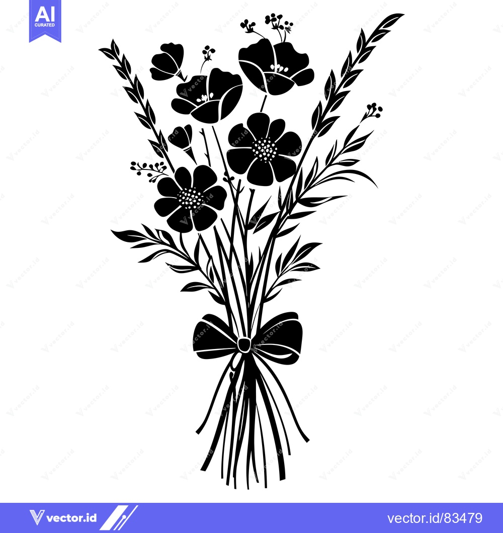 Premium Vector dari Black and White Silhouette of a Flower Bouquet with a Bow