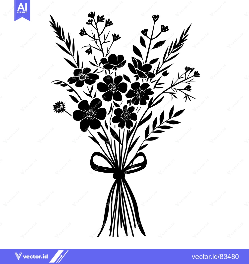 Premium Vector of Black and White Silhouette of a Flower Bouquet Tied with a Bow