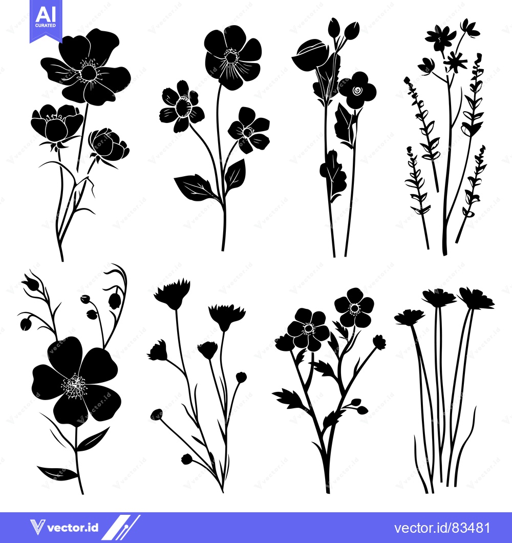Premium Vector of Black Silhouettes of Various Flowers and Buds