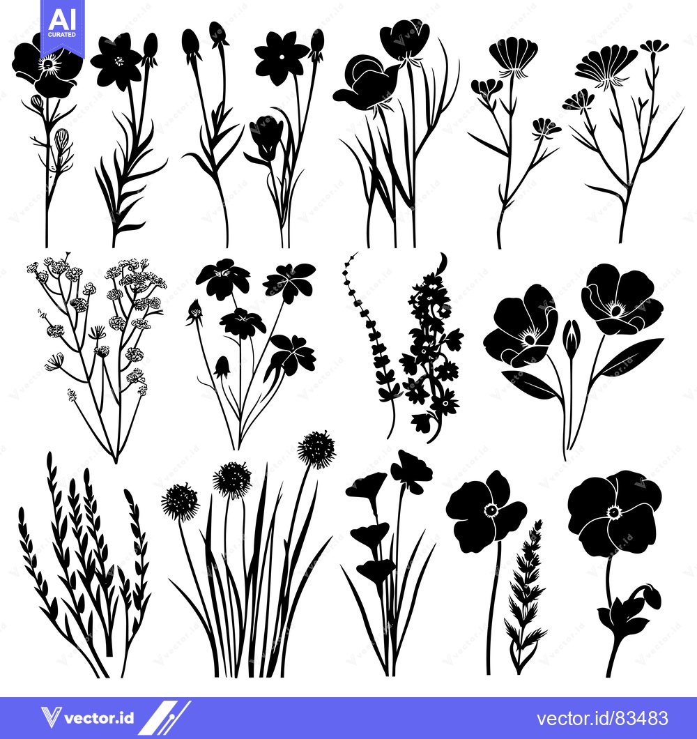 Premium Vector dari Black and White Silhouettes of Various Flowers and Plants
