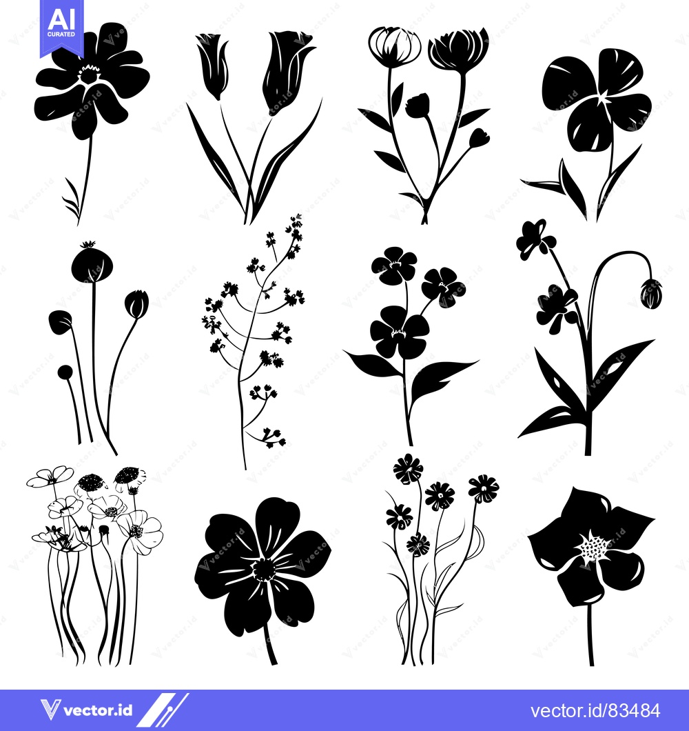 Premium Vector dari Black Silhouettes of Different Types of Flowers