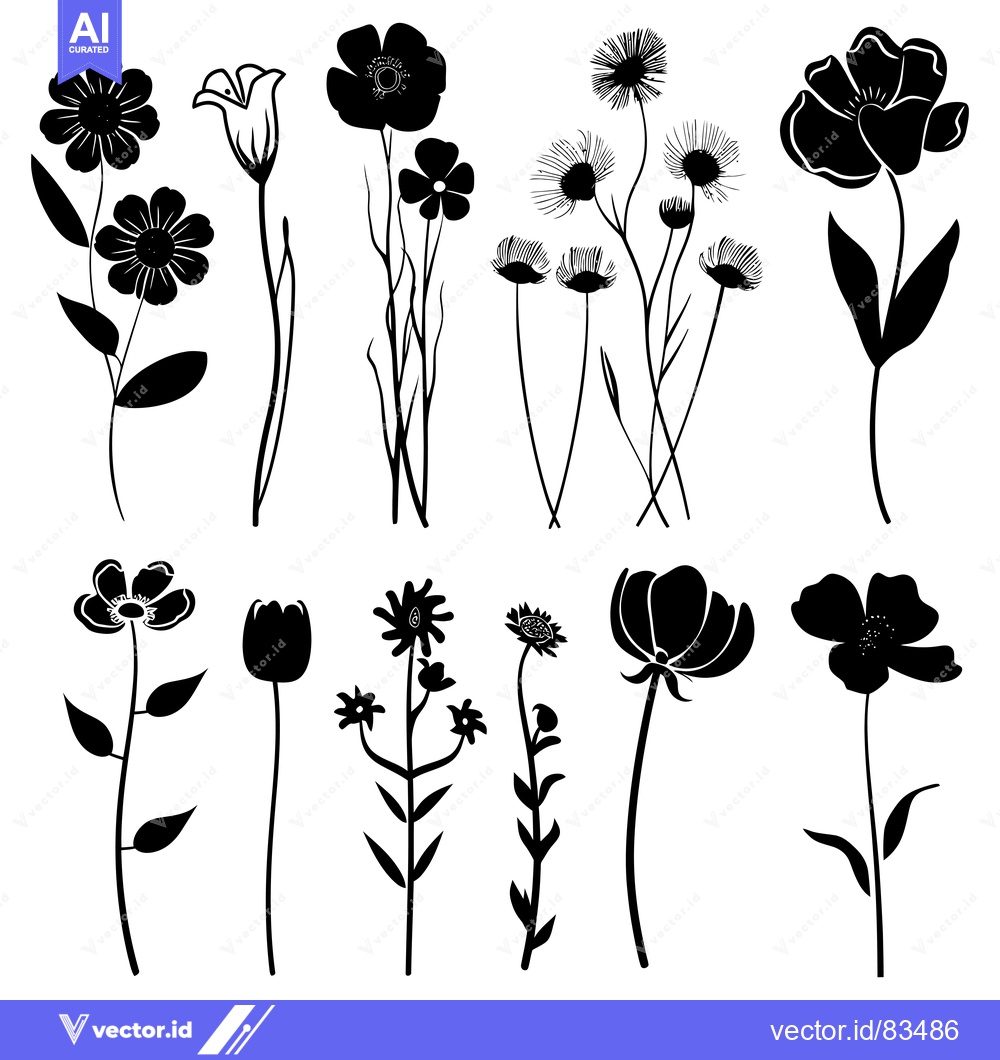 Premium Vector dari Set of Black Silhouettes of Various Flowers and Buds