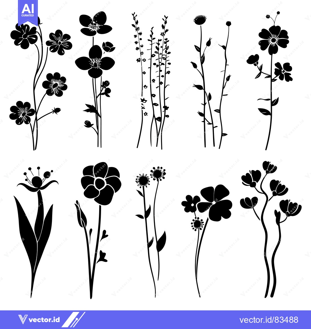 Premium Vector dari A Set of Ten Black Silhouettes of Wildflowers