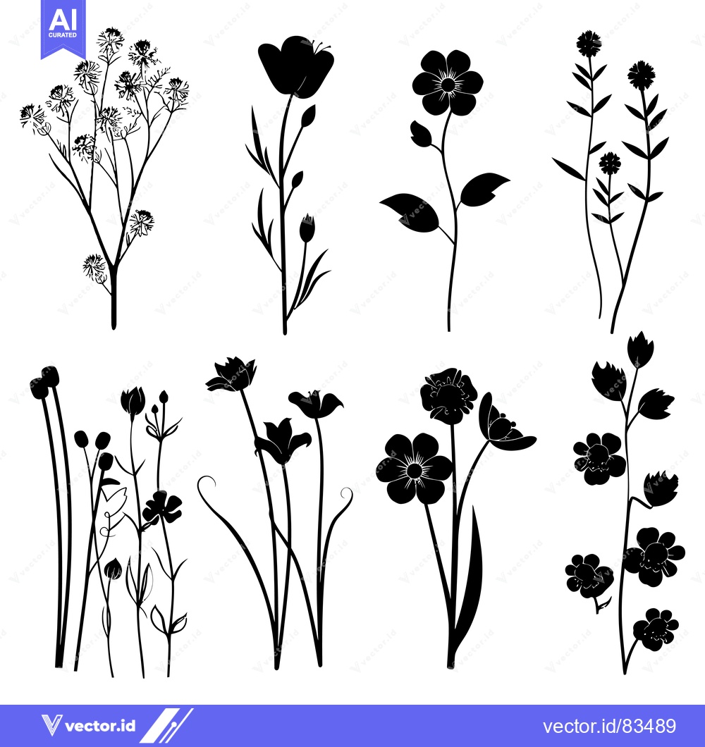 Premium Vector of Black Silhouettes of Various Wildflowers and Plants
