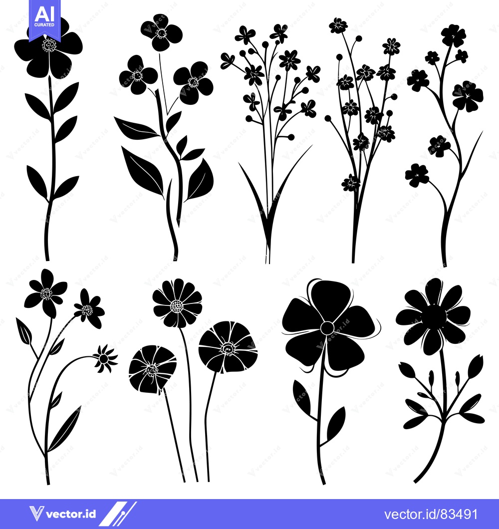 Premium Vector of Black and White Silhouettes of Different Flower Varieties