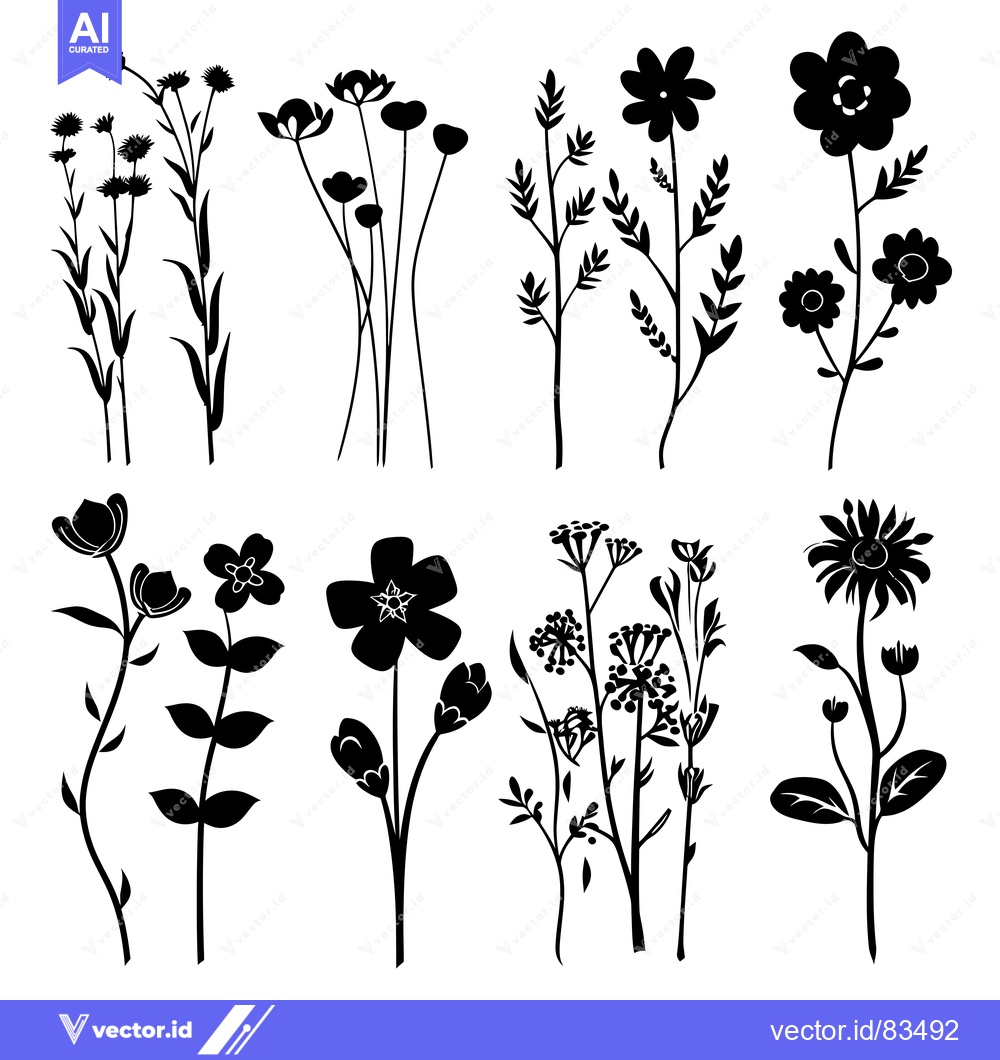 Premium Vector of A Collection of Eight Black Silhouettes of Various Wildflowers