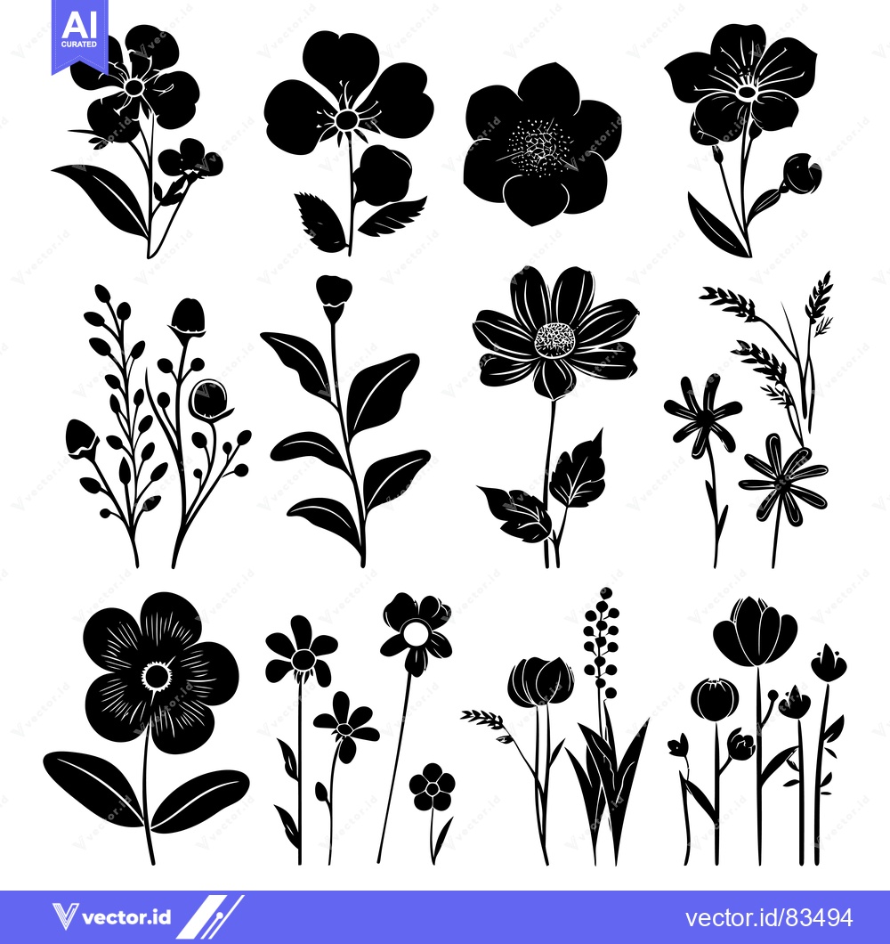 Premium Vector dari A Collection of Black and White Flower Silhouettes