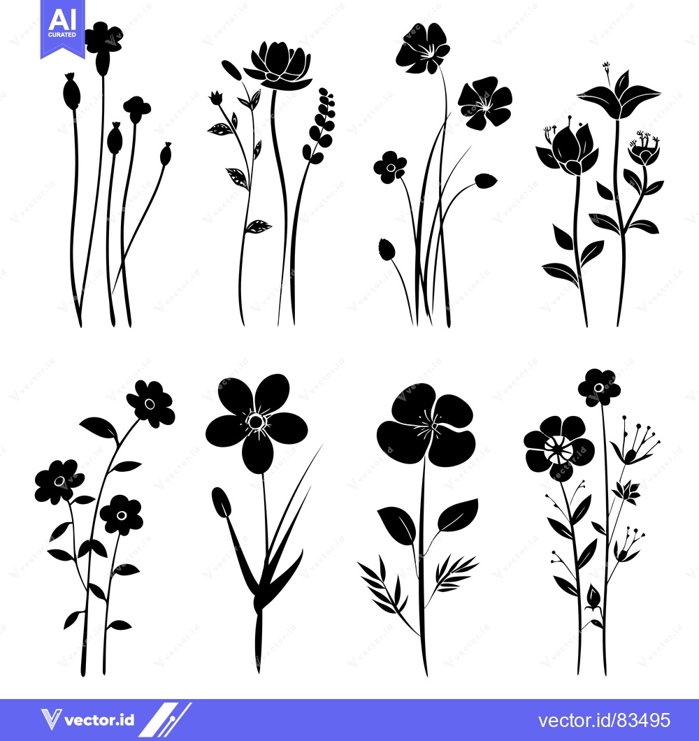 Premium Vector dari Black Silhouettes of Various Flowers and Foliage
