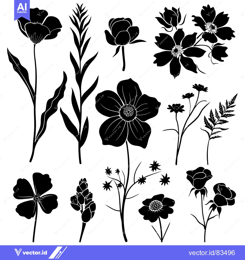 Premium Vector dari Black and White Silhouettes of Various Flowers and Plants