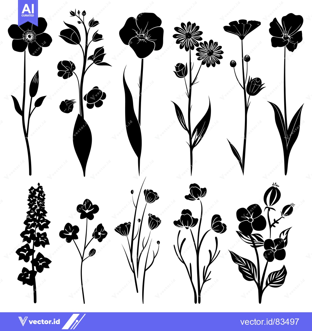 Premium Vector of Black and White Silhouette of Twelve Different Flower Types