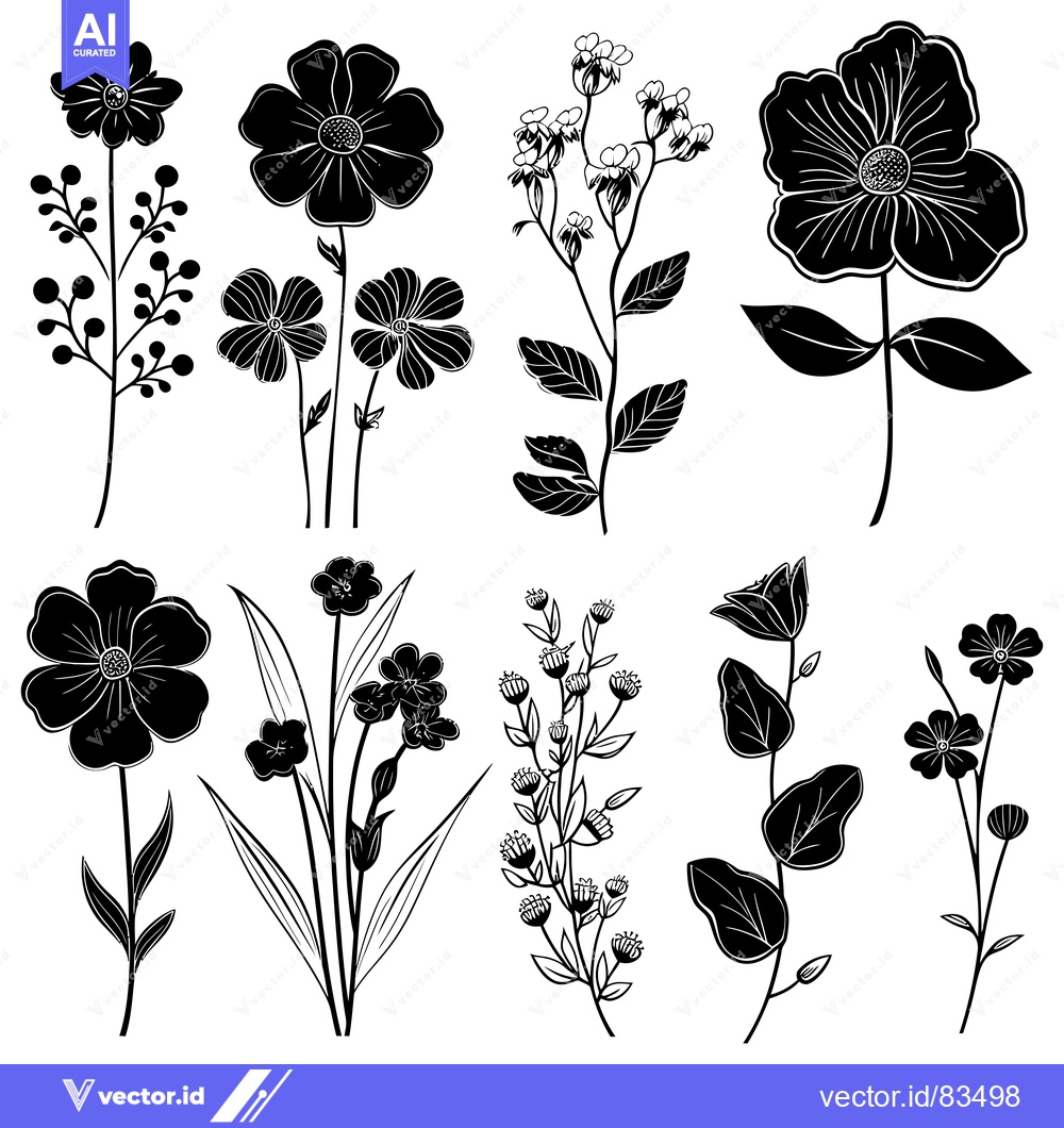 Premium Vector of A Collection of Black and White Floral Silhouettes