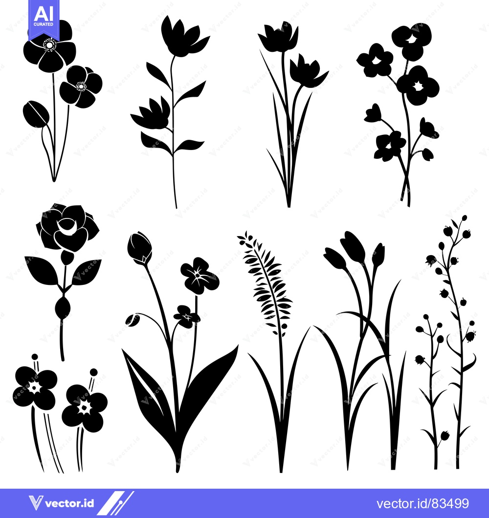 Premium Vector of Black and White Silhouette Illustrations of Various Flower and Plant D
