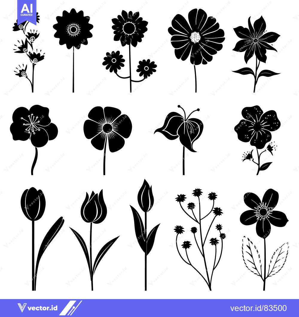 Premium Vector of Black and White Silhouettes of Various Flowers and Buds