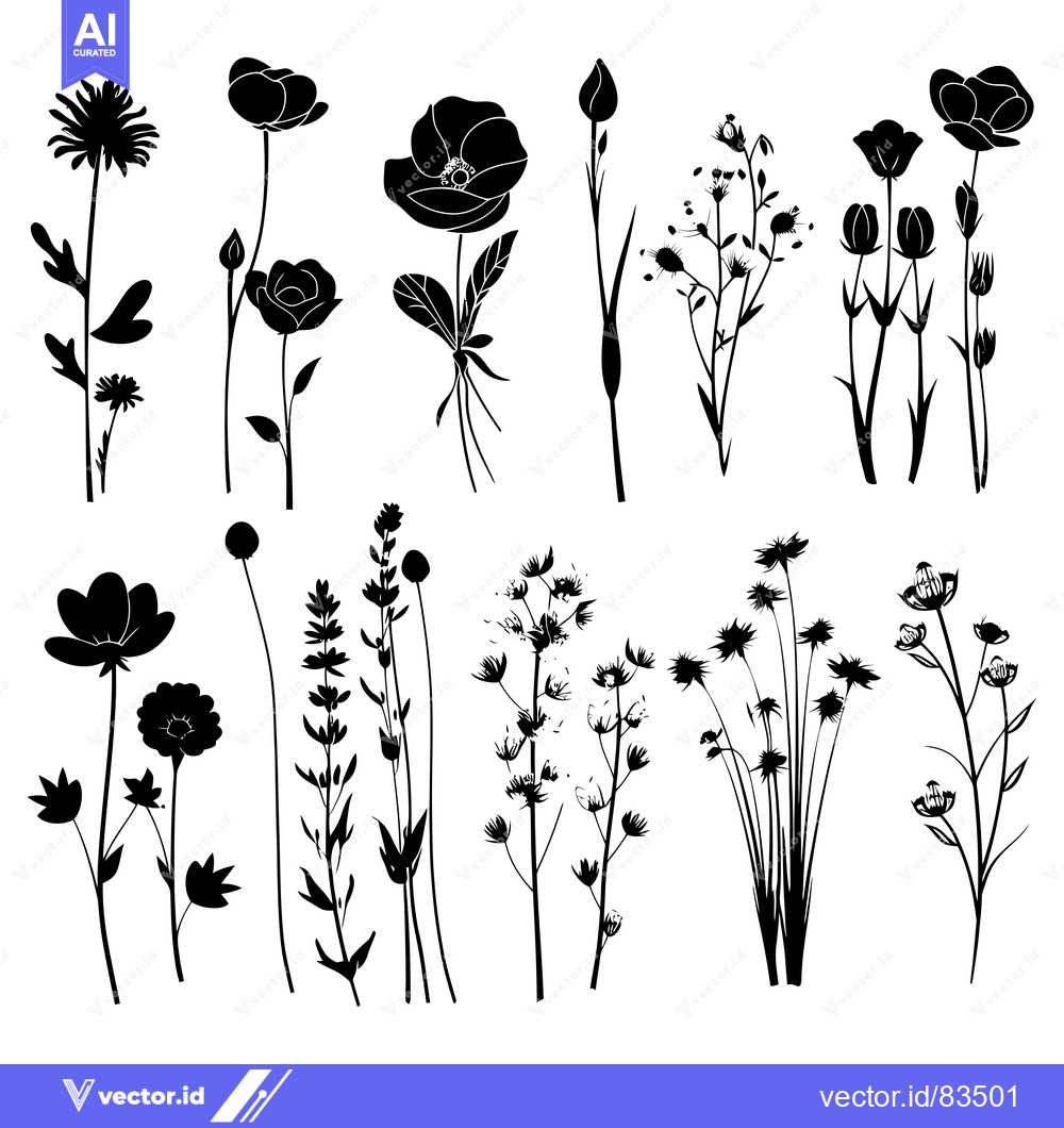 Premium Vector of Black Silhouettes of Various Wildflowers and Plants