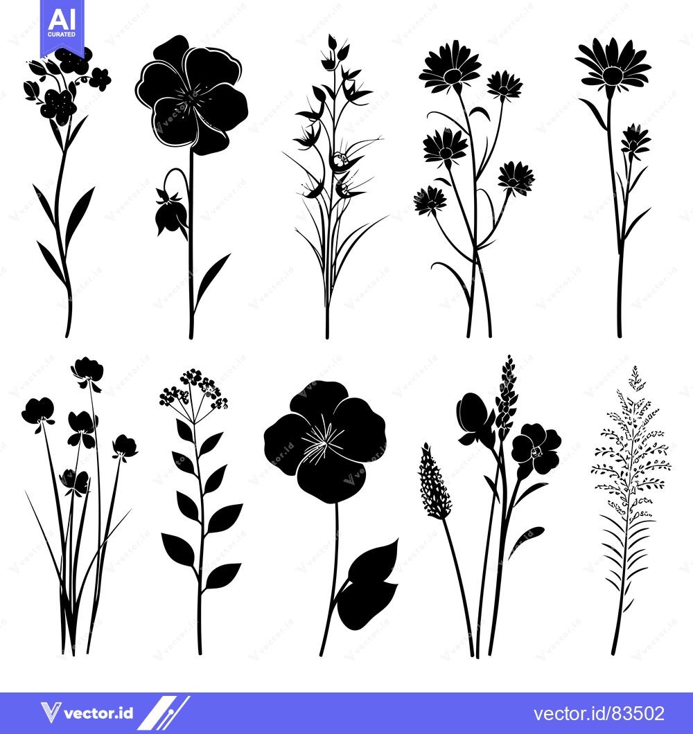 Premium Vector dari Black Silhouettes of Various Flower and Plant Species