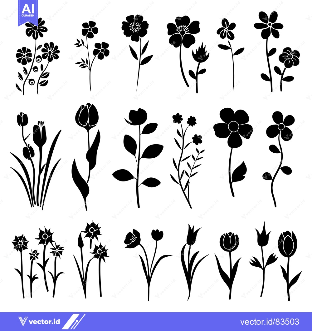 Premium Vector dari A Collection of Black and White Floral Silhouettes