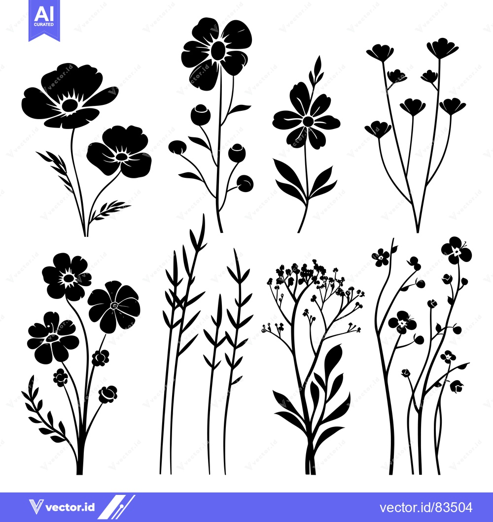 Premium Vector dari Collection of Black Silhouettes of Various Flowers and Plants