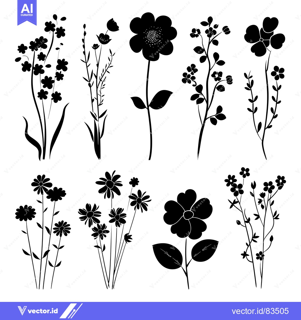 Premium Vector dari A Collection of Eight Black Silhouettes of Various Flower Arrangements