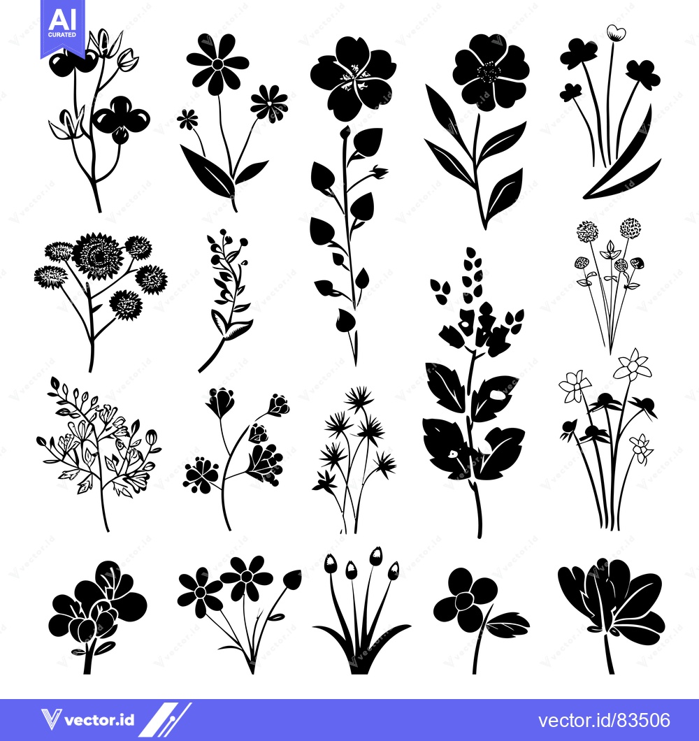 Premium Vector dari Black Silhouettes of Various Wildflowers
