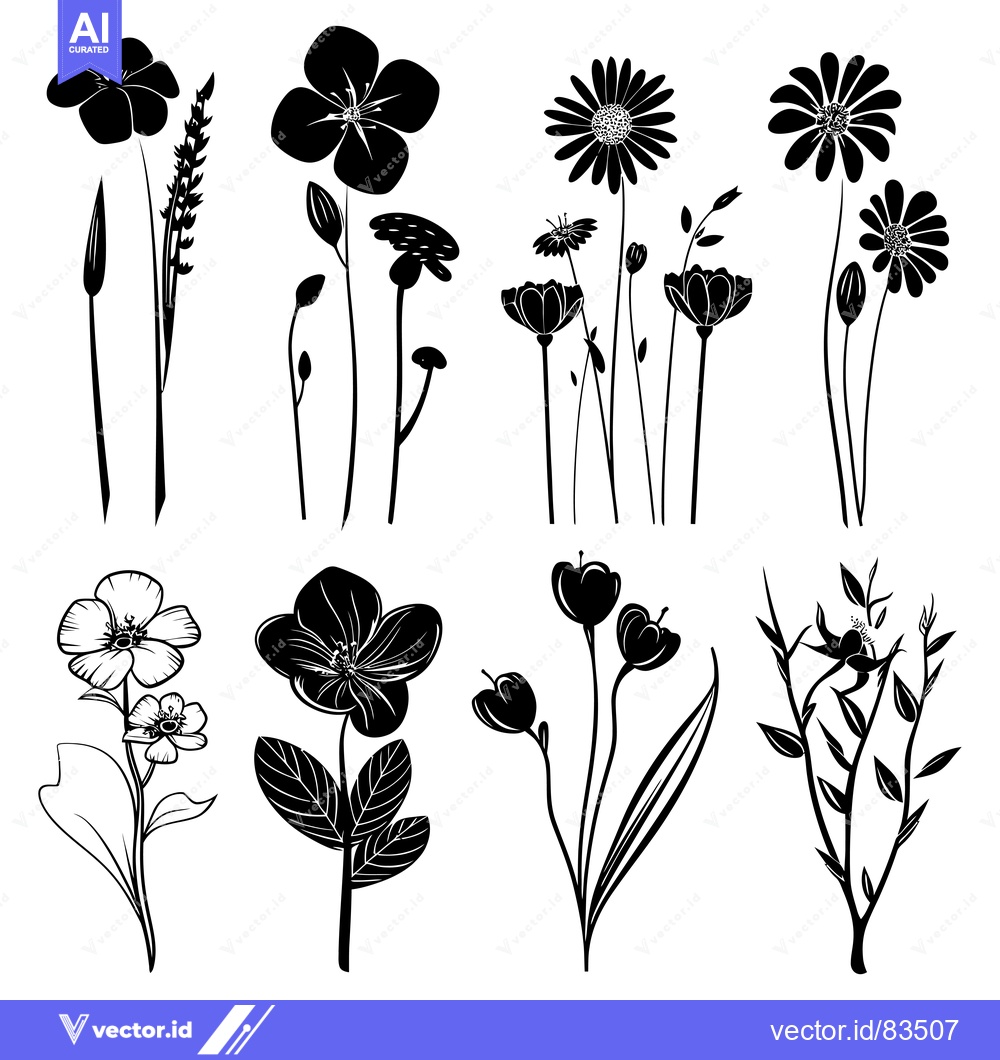 Premium Vector dari Black and White Silhouettes of Various Flower and Plant Species