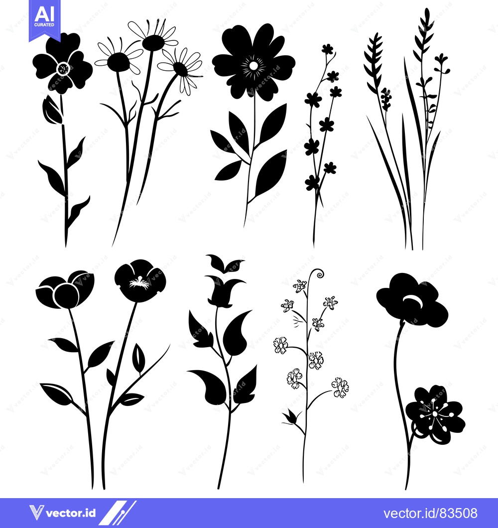 Premium Vector of A Collection of Black Floral Silhouettes on a White Background