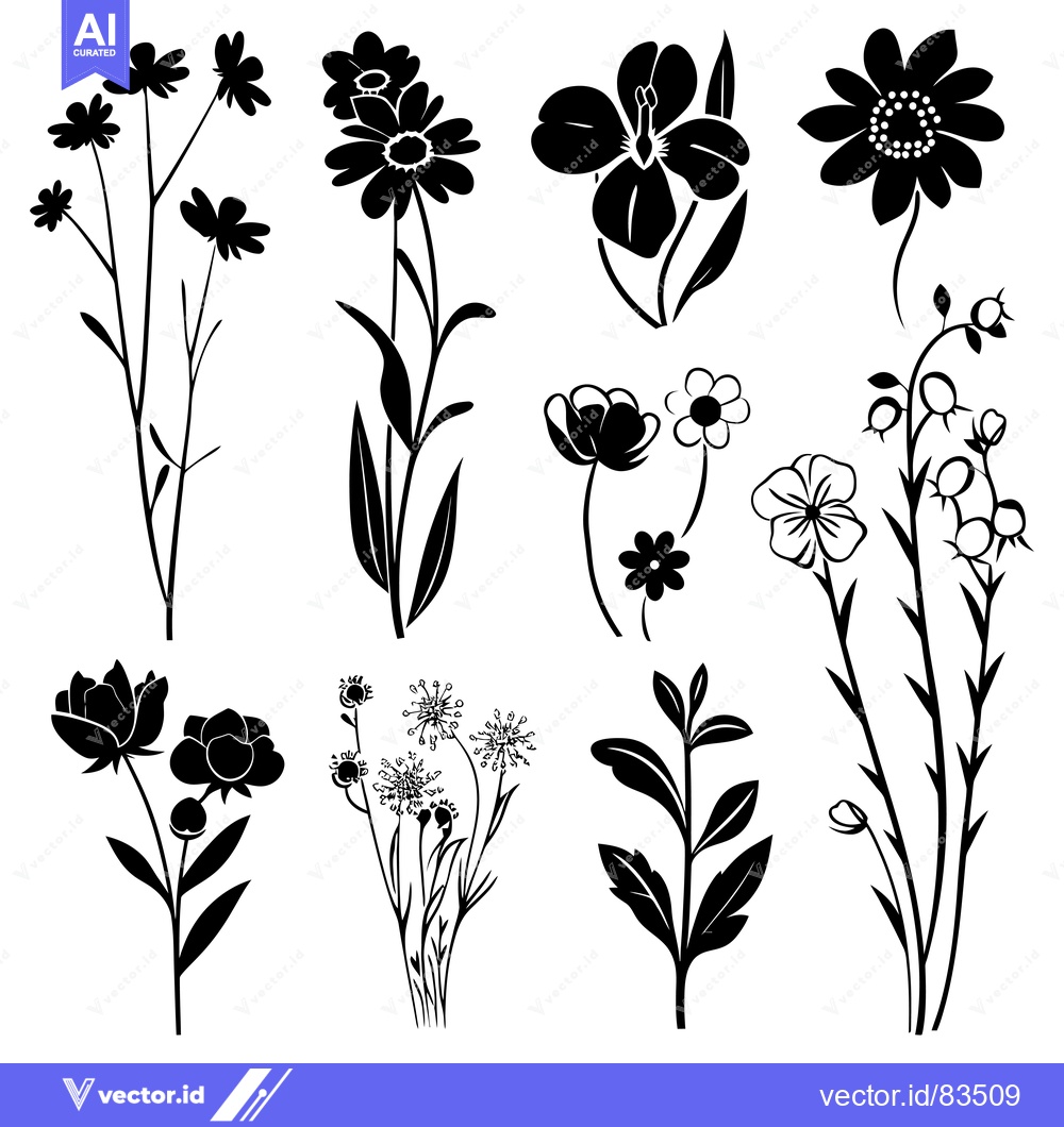 Premium Vector of Black Silhouettes of Various Flower and Plant Designs