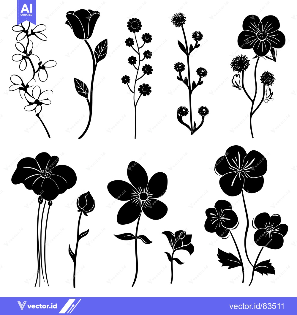 Premium Vector of Black Silhouettes of Various Flowers and Buds