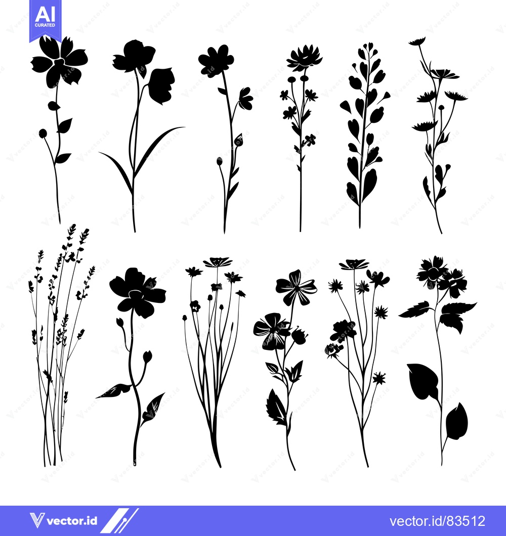 Premium Vector dari A Collection of Black Silhouettes of Various Flowers and Plants
