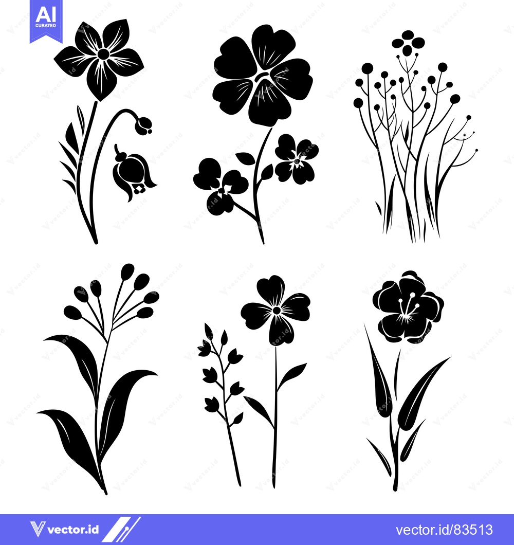 Premium Vector dari Black Silhouettes of Various Flowers and Plants