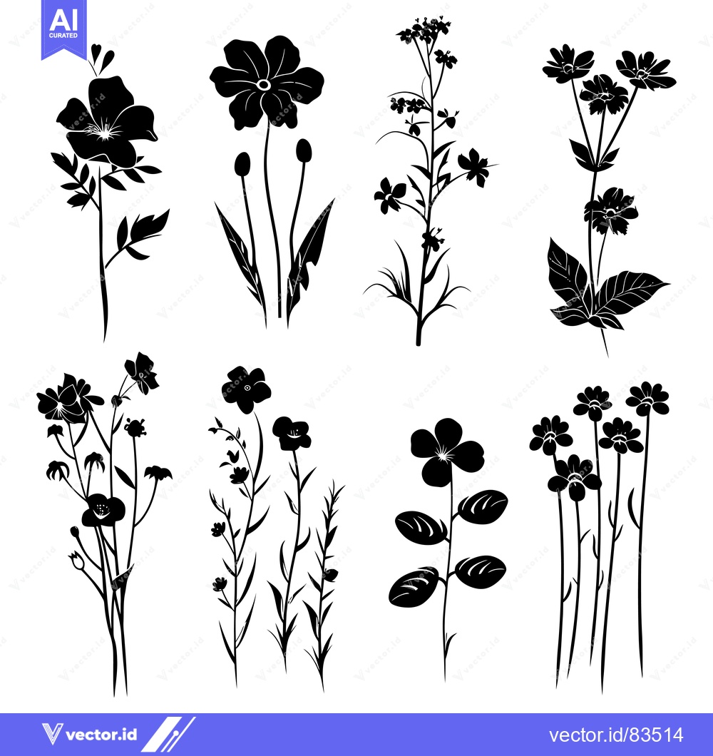 Premium Vector of Black Silhouettes of Various Flowers and Plants