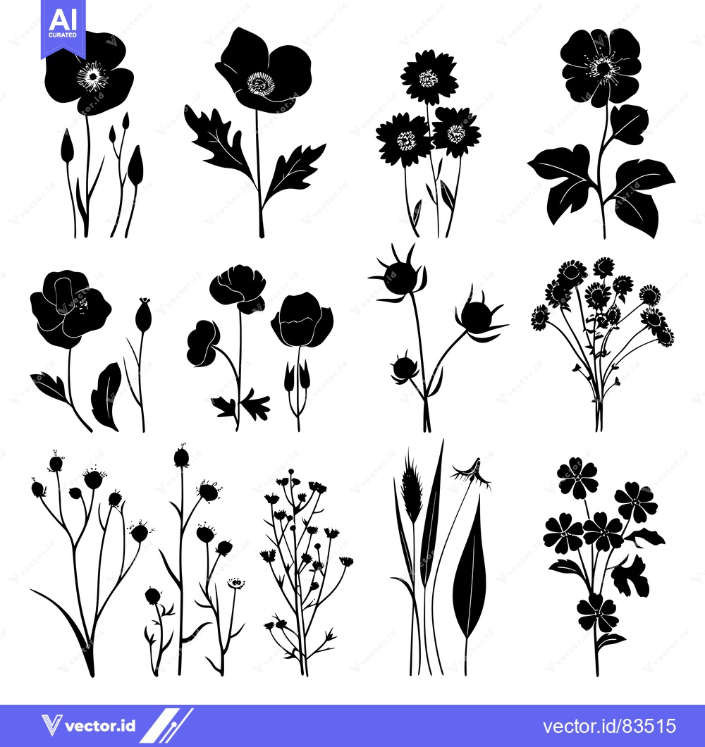 Premium Vector of Black and White Silhouettes of Various Flowers and Plants