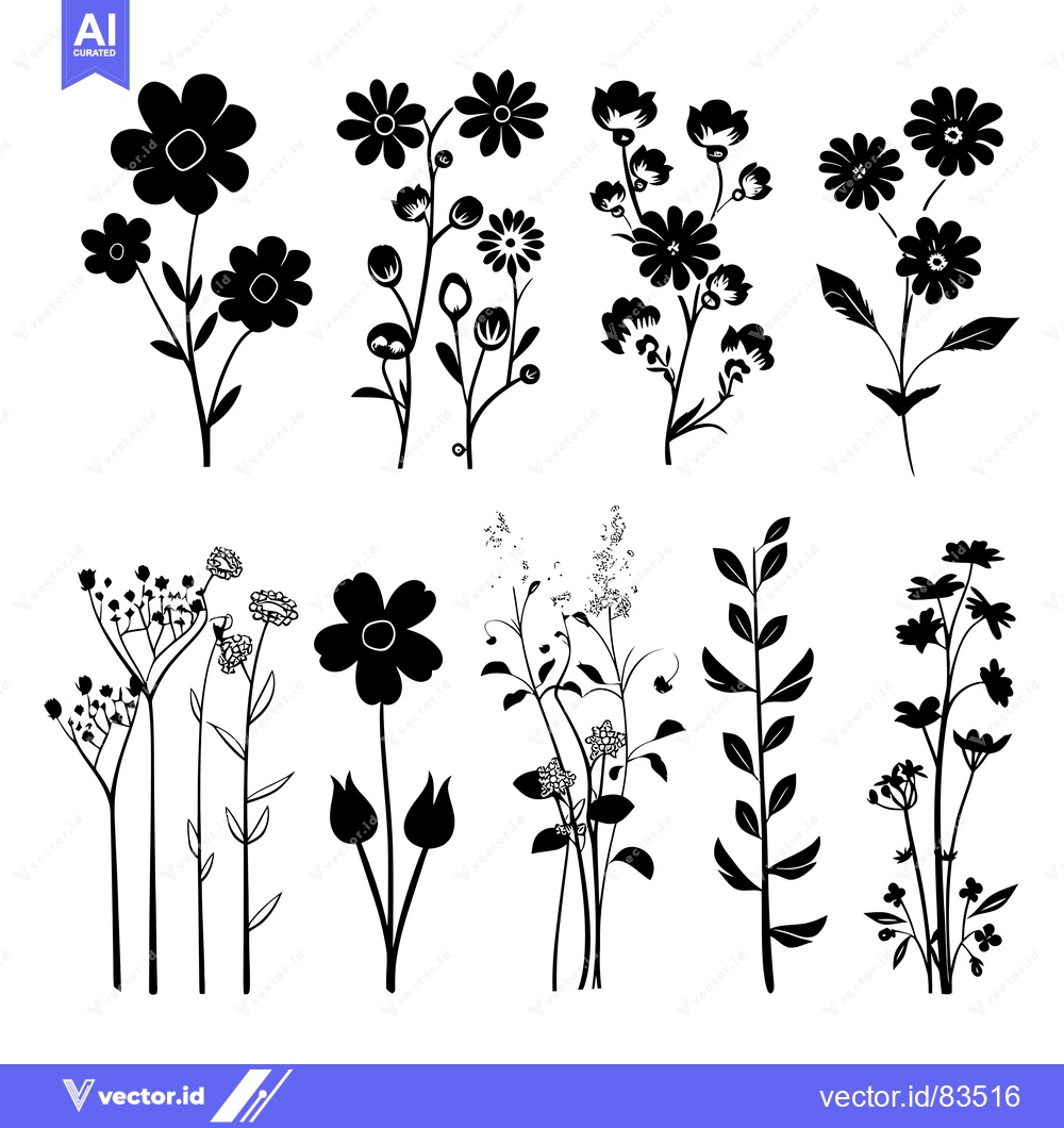 Premium Vector of Black and White Silhouettes of Various Flower and Plant Arrangements