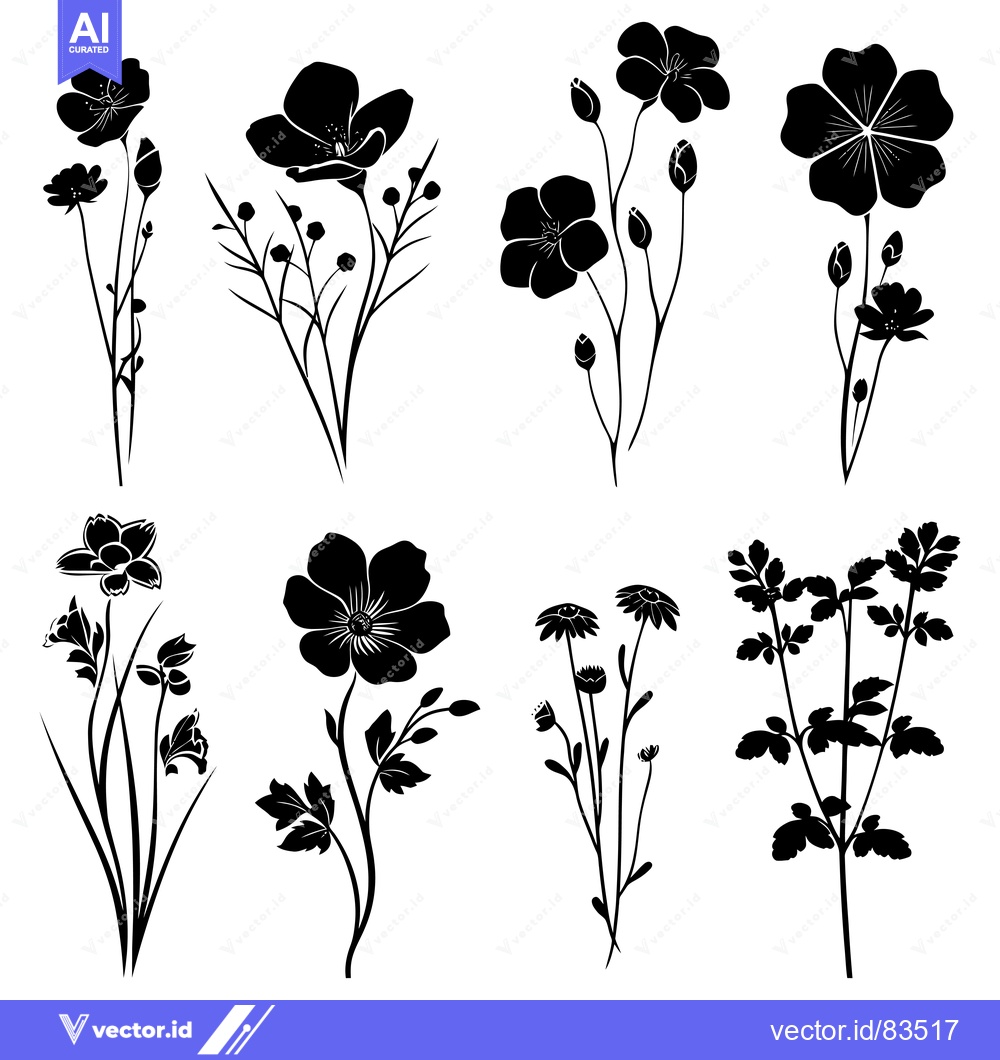 Premium Vector of A Collection of Black Silhouettes of Different Flower Varieties