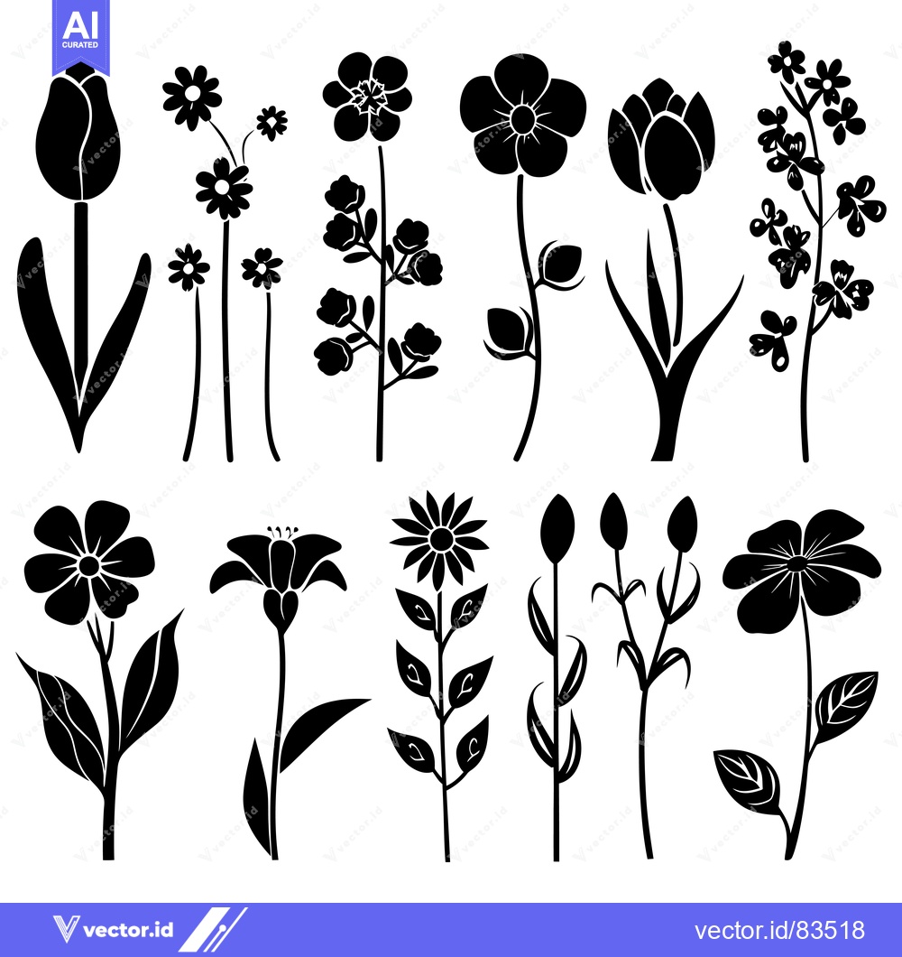 Premium Vector of Black Silhouettes of Various Flowers and Buds