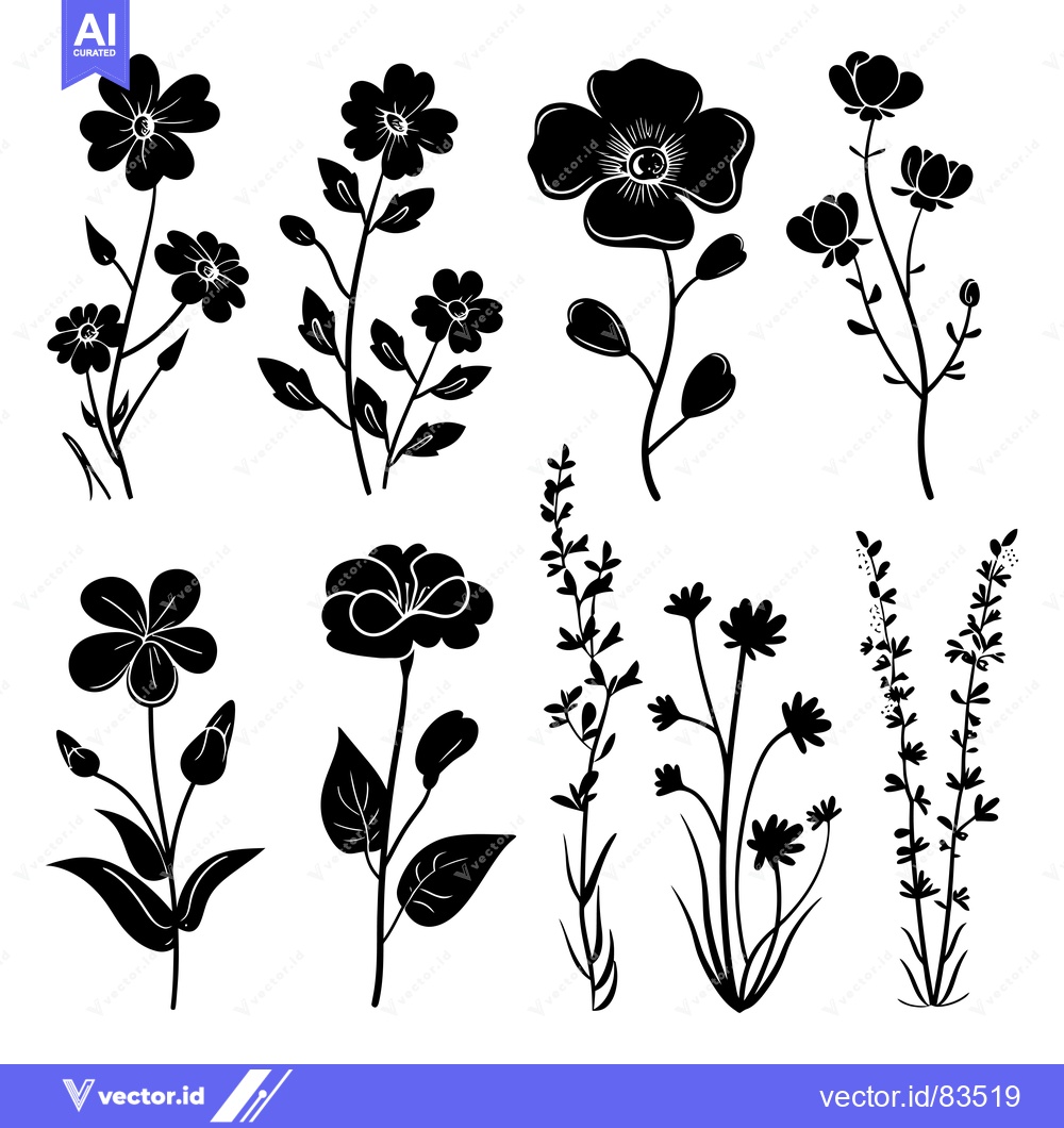 Premium Vector dari A Collection of Eight Black Silhouettes of Various Wildflowers