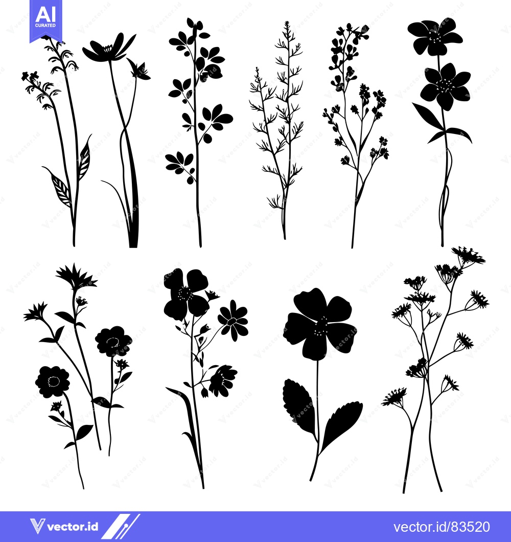 Premium Vector of Black Silhouettes of Various Wildflowers and Herbs