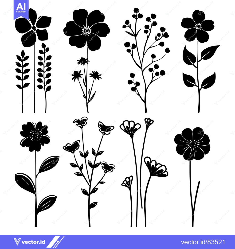 Premium Vector dari Black and White Silhouette Illustration of Various Flowers and Plants