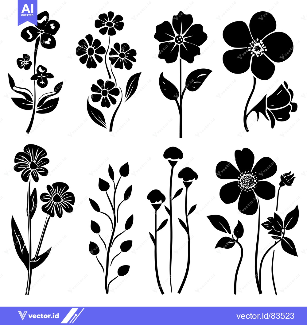 Premium Vector dari Collection of Black and White Floral Silhouettes